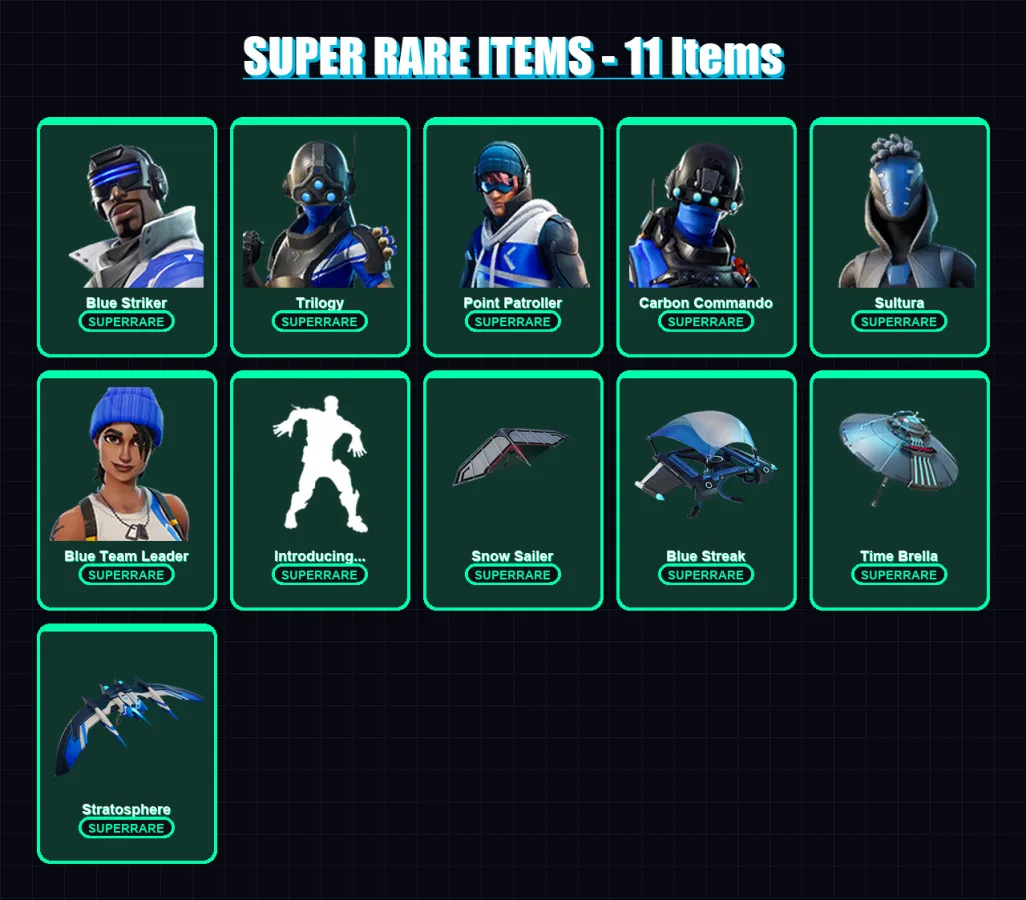 [PC/XBOX] | Blue Striker | Trilogy | Point Patroller | Carbon Commando | Sultura | 117 skin | 137 pickaxe | 89 emote | 105 glider | Lv1259