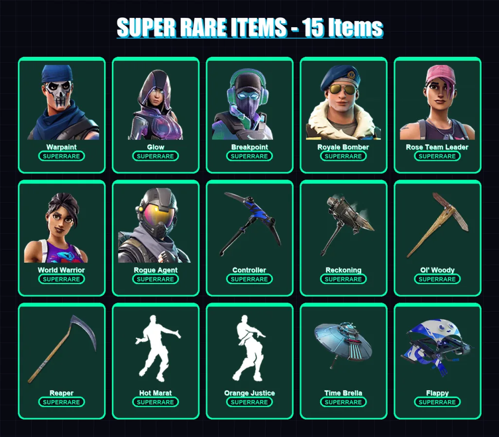 [PC/XBOX] | Warpaint | Glow | Breakpoint | Royale Bomber | Rose Team Leader | 171 skin | 171 pickaxe | 160 emote | 152 glider | Lv2236