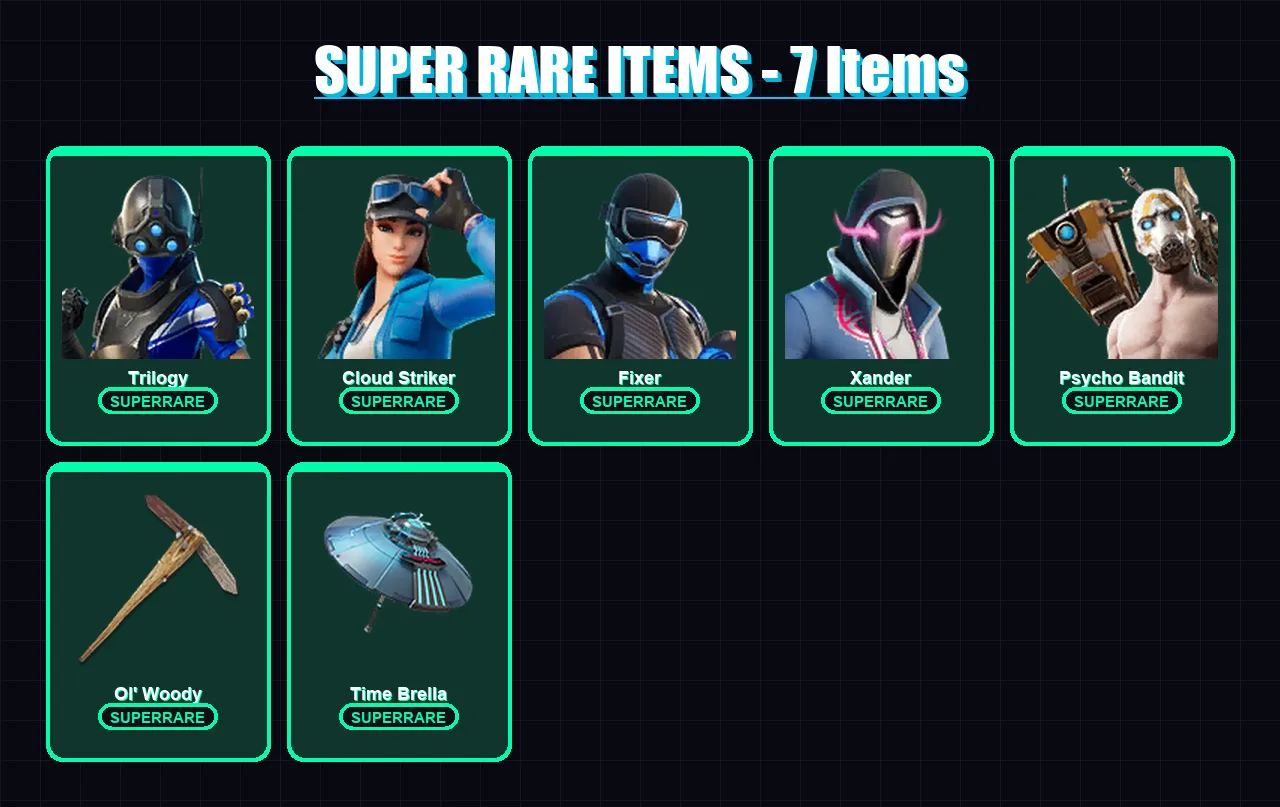 [PC/XBOX] | Trilogy | Cloud Striker | Fixer | Xander | Psycho Bandit | 118 skin | 165 pickaxe | 126 emote | 131 glider | Lv2646
