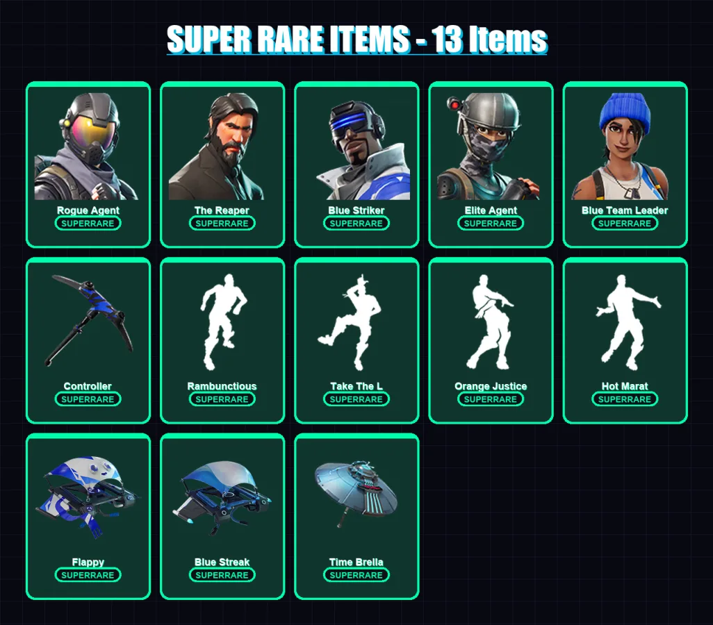 [PS4/PS5/XBOX/PC] | Rogue Agent | The Reaper | Blue Striker | Elite Agent | Blue Team Leader | 76 skin | 107 pickaxe | 110 emote | 96 glider | Lv180