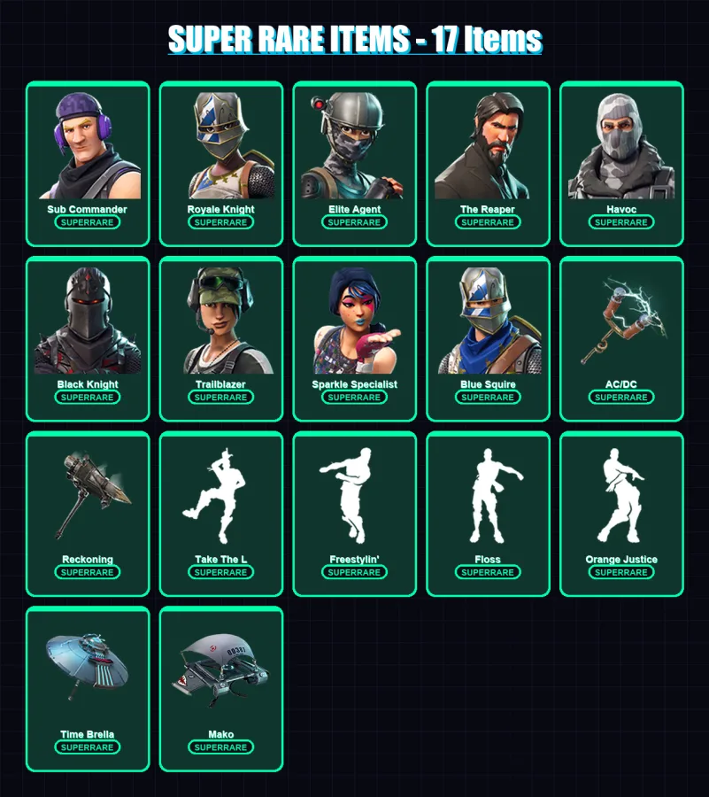 [PC] | Sub Commander | Royale Knight | Elite Agent | The Reaper | Havoc | 80 skin | 78 pickaxe | 74 emote | 85 glider | Lv1094