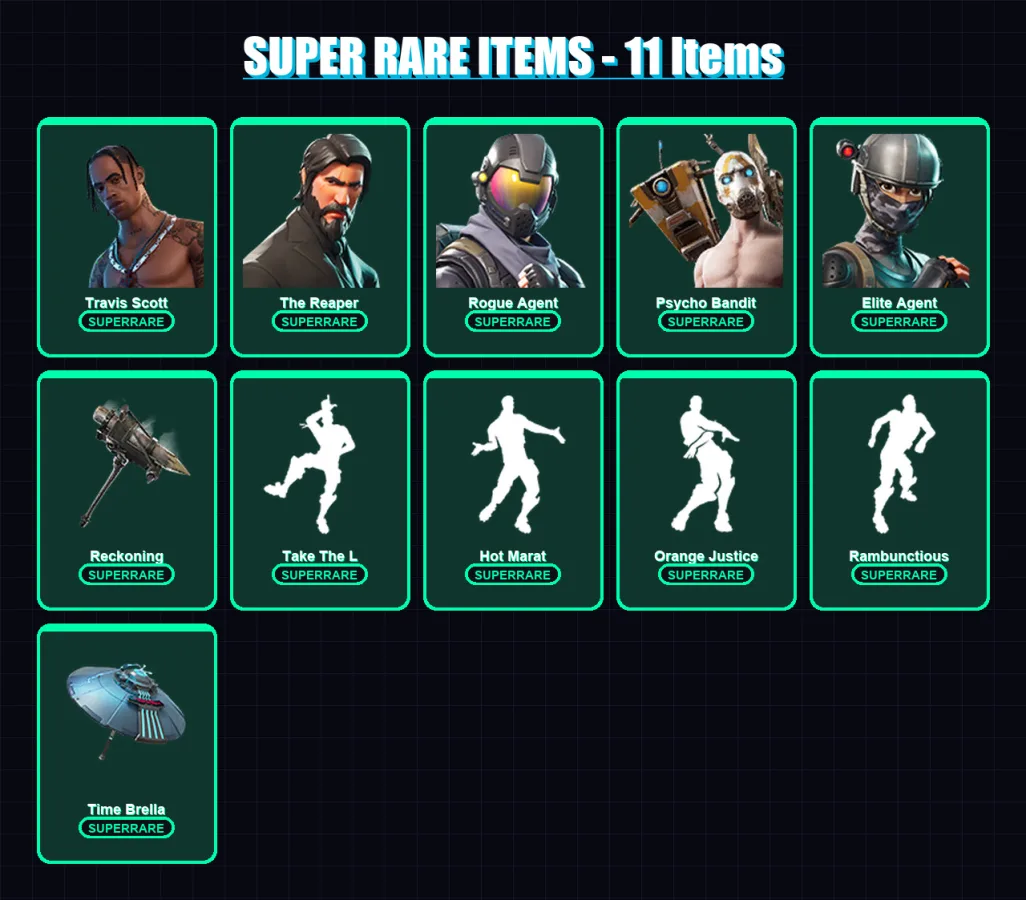 [PC/PSN] | Travis Scott | The Reaper | Rogue Agent | Psycho Bandit | Elite Agent | 180 skin | 142 pickaxe | 175 emote | 114 glider | Lv2005