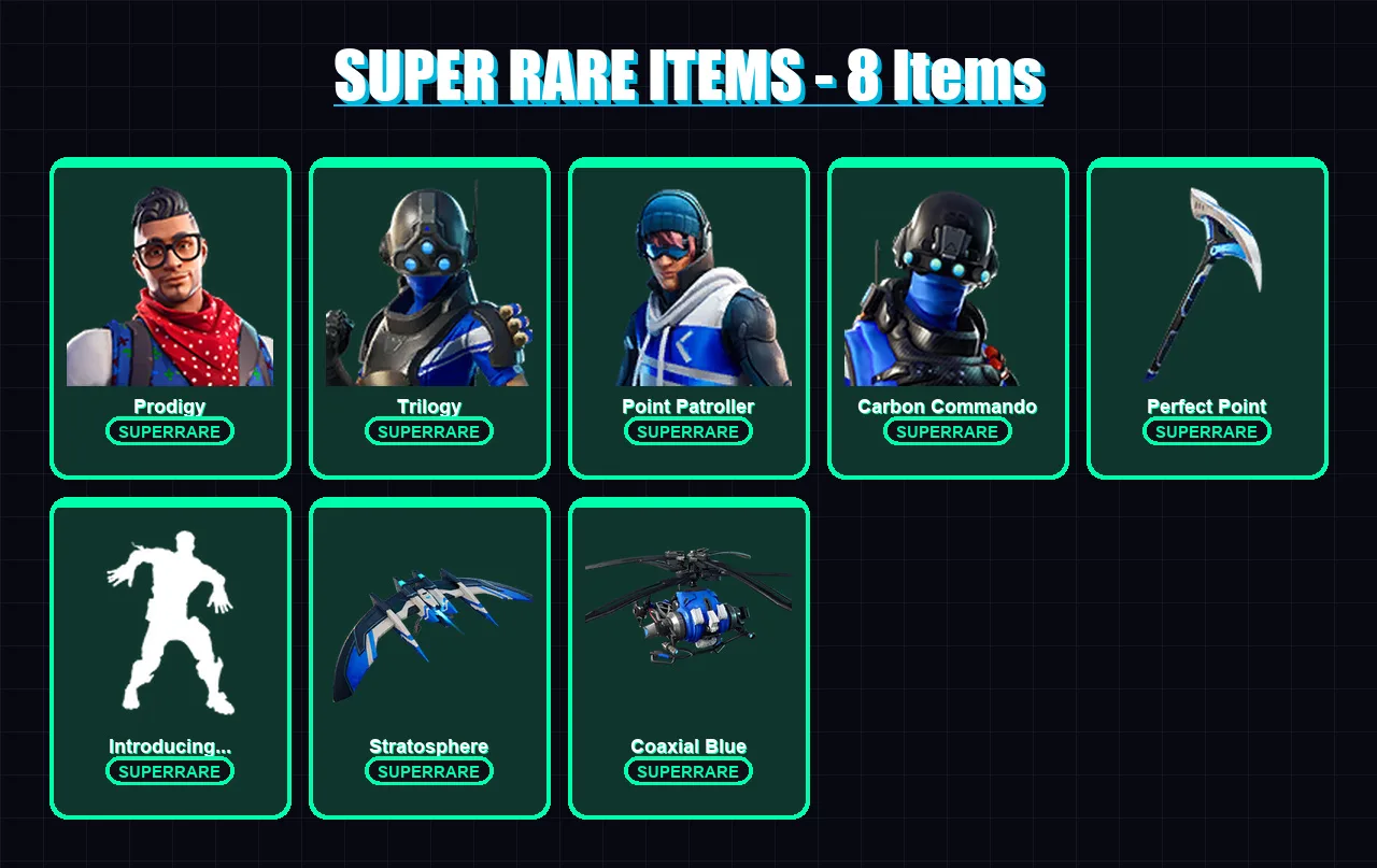 [PS4/PS5/XBOX/PC] | Prodigy | Trilogy | Point Patroller | Carbon Commando | Catalyst | 59 skin | 63 pickaxe | 57 emote | 61 glider | Lv916