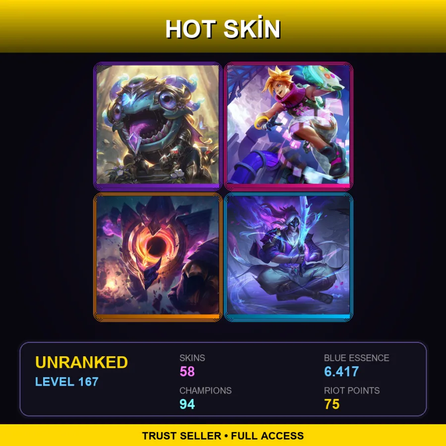 EUW | Lv167 | Unranked | 58 Skin | 94 Champ — LoL account