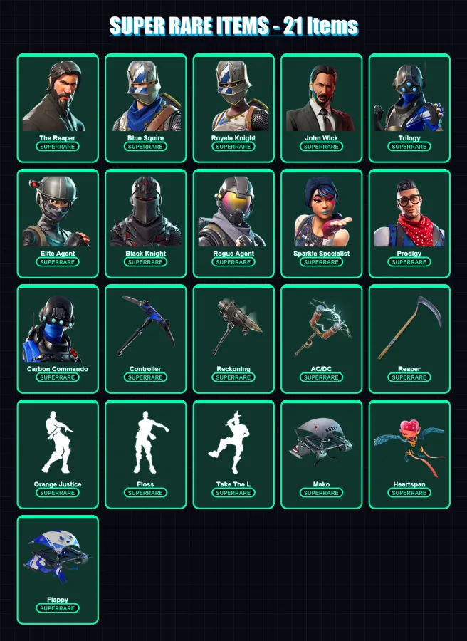 [PS4/PS5/PC] | The Reaper | Blue Squire | Royale Knight | John Wick | Trilogy | 55 skin | 34 pickaxe | 68 emote | 44 glider | Lv420