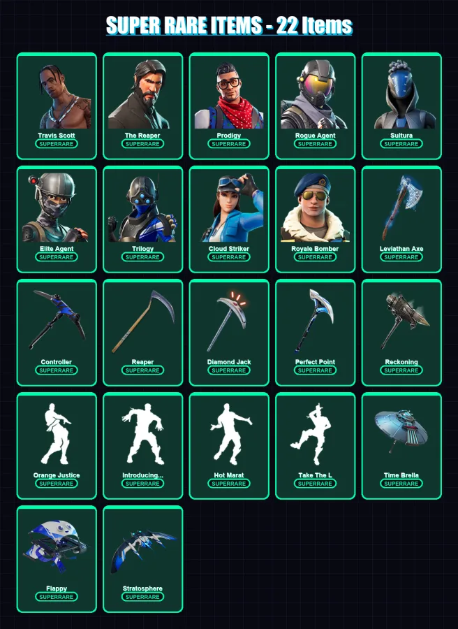 [PC] | Travis Scott | The Reaper | Prodigy | Rogue Agent | Sultura | 178 skin | 124 pickaxe | 112 emote | 102 glider | Lv2167