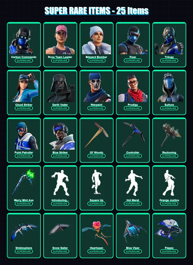 [PC/XBOX/PSN] | Carbon Commando | Rose Team Leader | Blizzard Bomber | Fixer | Trilogy | 325 skin | 351 pickaxe | 265 emote | 294 glider | Lv5322