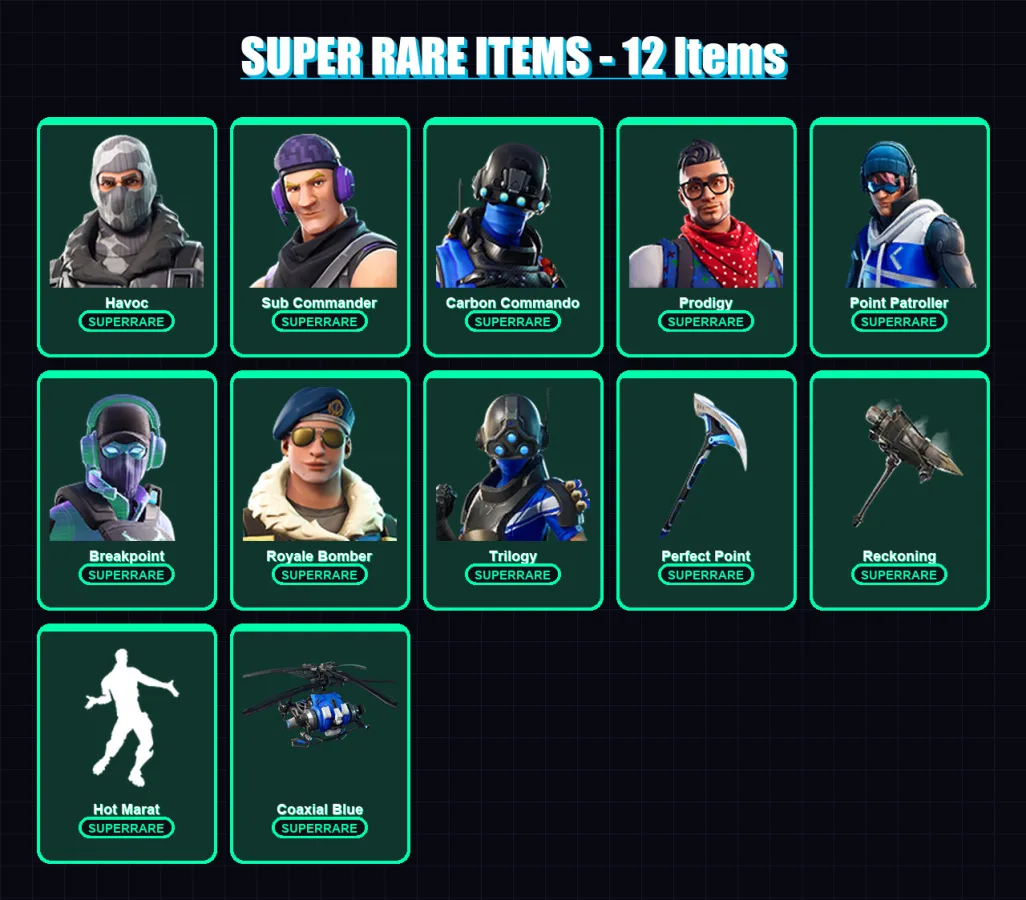 [PS4/PS5/XBOX/PC] | Havoc | Sub Commander | Carbon Commando | Prodigy | Point Patroller | 94 skin | 80 pickaxe | 117 emote | 88 glider | Lv1337
