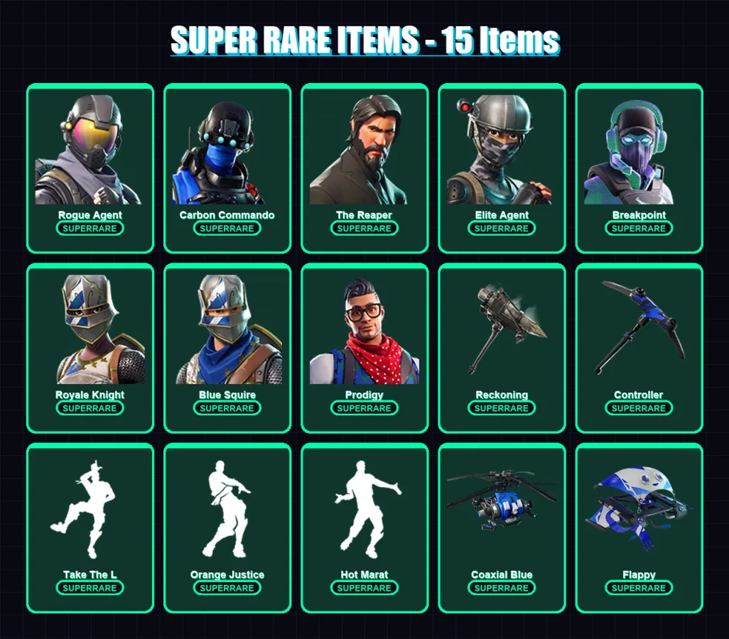 [PS4/PS5/XBOX/PC] | Rogue Agent | Carbon Commando | The Reaper | Elite Agent | Breakpoint | 95 skin | 59 pickaxe | 79 emote | 65 glider | Lv811
