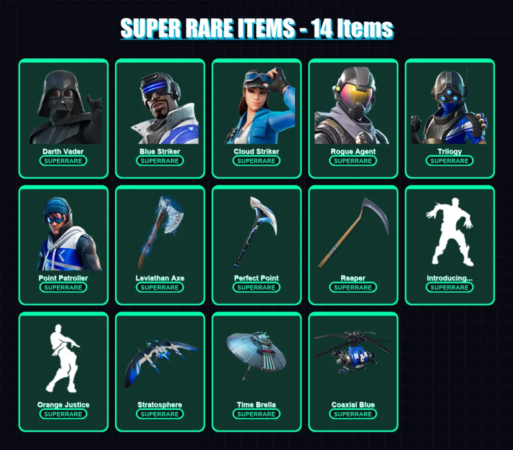 [PC] | Darth Vader | Blue Striker | Cloud Striker | Rogue Agent | Trilogy | 146 skin | 166 pickaxe | 125 emote | 143 glider | Lv2321 — Fortnite account