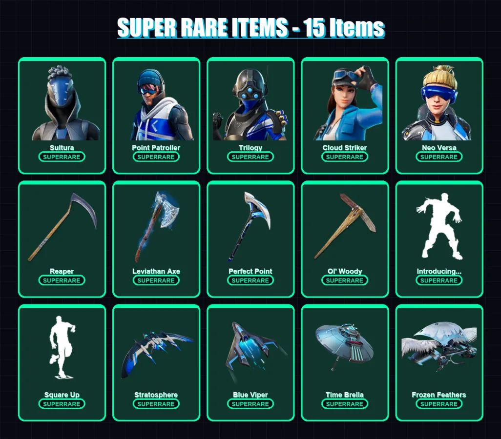 [PS4/PS5/XBOX/PC] | Sultura | Point Patroller | Trilogy | Cloud Striker | Neo Versa | 137 skin | 162 pickaxe | 110 emote | 138 glider | Lv1898