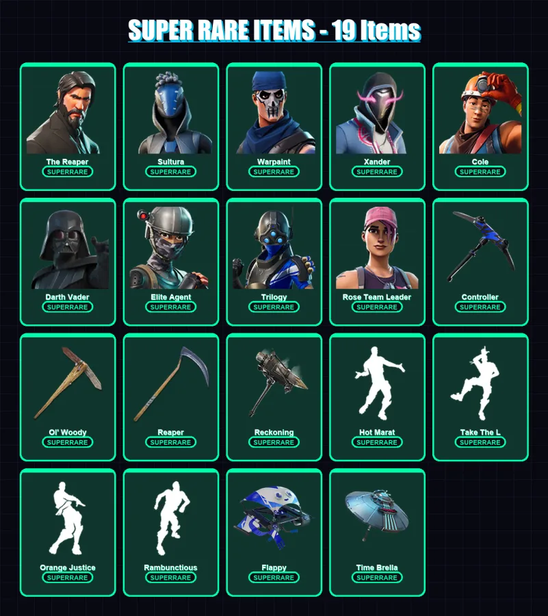 [PC/XBOX/PSN] | The Reaper | Sultura | Warpaint | Xander | Cole | 171 skin | 149 pickaxe | 161 emote | 130 glider | Lv1947