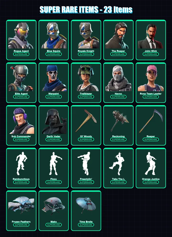 [PC/PSN] | Rogue Agent | Blue Squire | Royale Knight | The Reaper | John Wick | 166 skin | 127 pickaxe | 195 emote | 115 glider | Lv1359