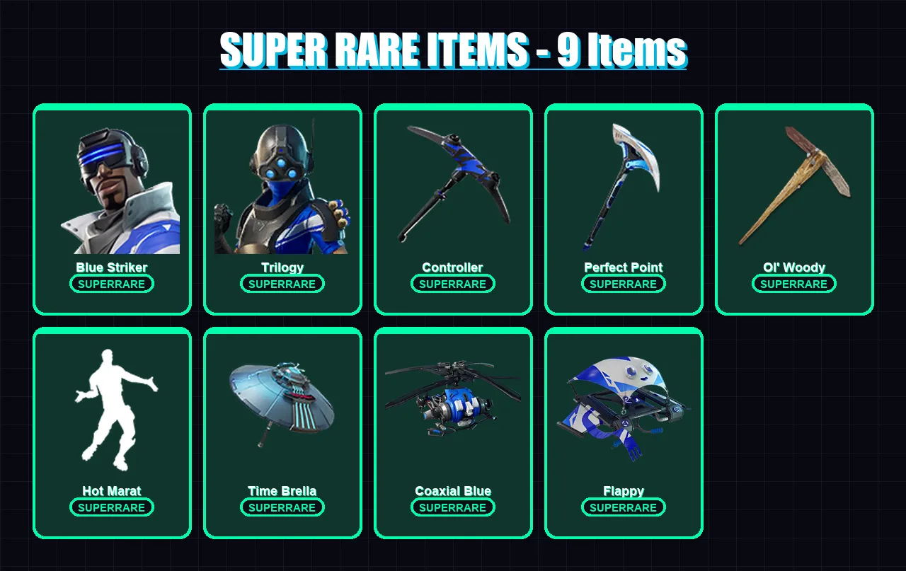 [PC] | Blue Striker | Trilogy | Gear Specialist Maya | Spectra Knight | Omegarok | 21 skin | 30 pickaxe | 36 emote | 38 glider | Lv533