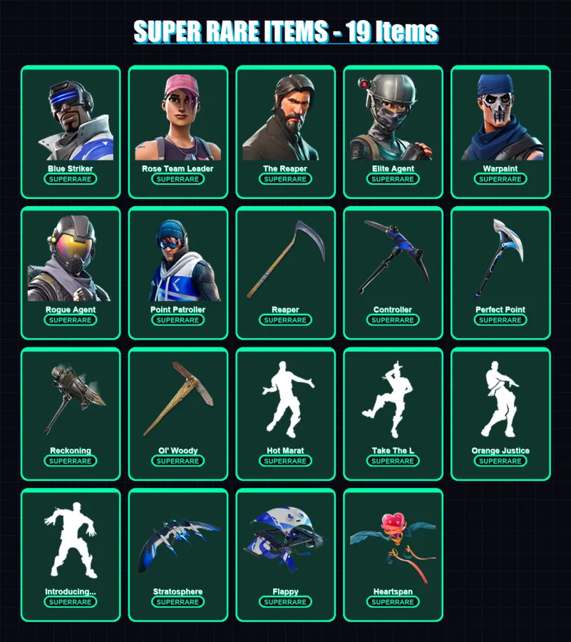 [PC/XBOX/PSN] | Blue Striker | Rose Team Leader | The Reaper | Elite Agent | Warpaint | 129 skin | 117 pickaxe | 143 emote | 116 glider | Lv2052