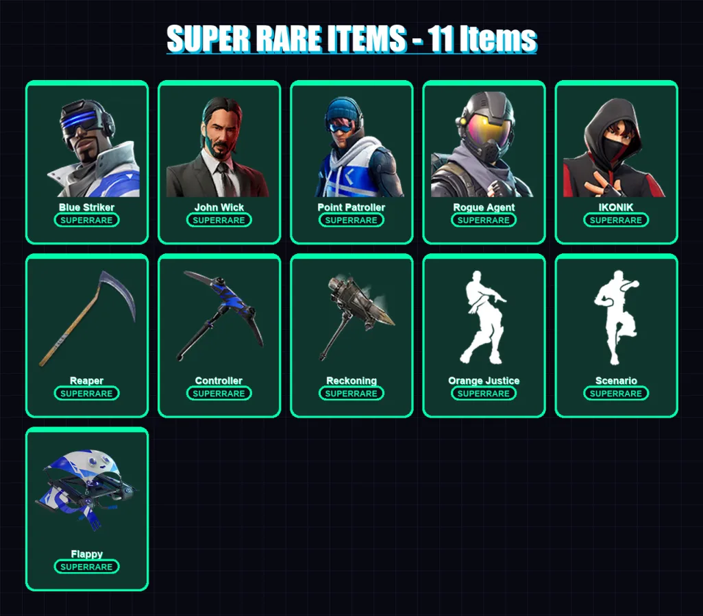 [PS4/PS5/XBOX/PC] | Blue Striker | John Wick | Point Patroller | Rogue Agent | IKONIK | 108 skin | 104 pickaxe | 81 emote | 84 glider | Lv1600