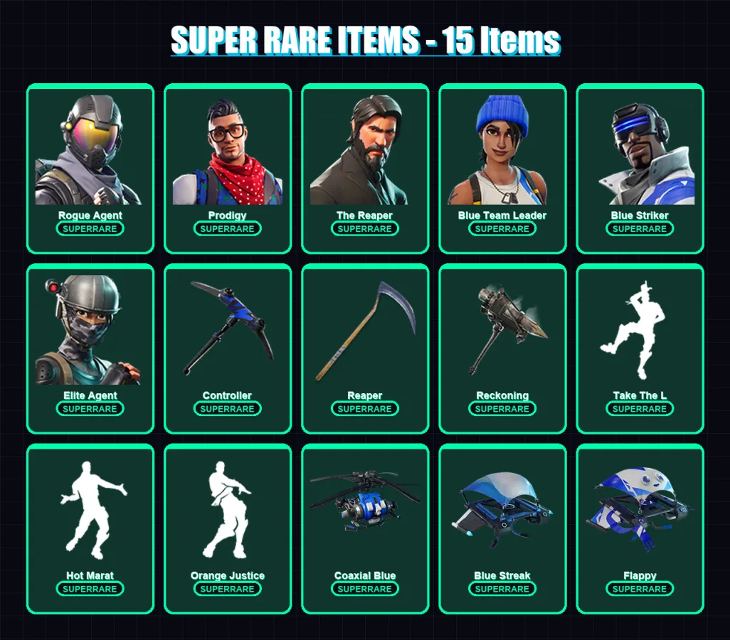 [PC/XBOX] | Rogue Agent | Prodigy | The Reaper | Blue Team Leader | Blue Striker | 44 skin | 43 pickaxe | 41 emote | 44 glider | Lv626