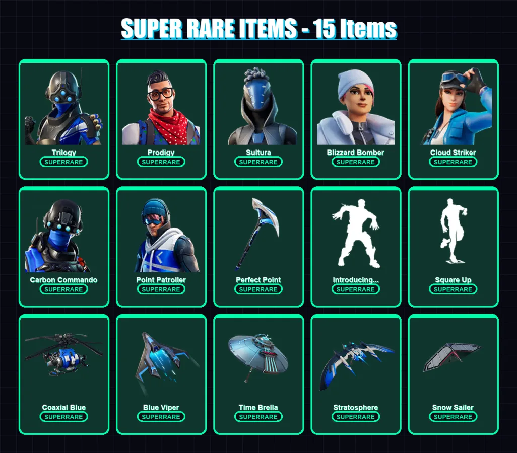 [PS4/PS5/XBOX/PC] | Trilogy | Prodigy | Sultura | Blizzard Bomber | Cloud Striker | 64 skin | 100 pickaxe | 71 emote | 95 glider | Lv1264