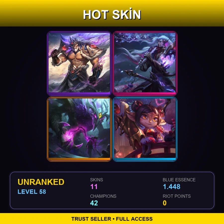 ME | Victorious Tryndamere | Dream Dragon Yasuo | Old God Nocturne | Firecracker Tristana | 11 Skin | 42 Champ | Lv58