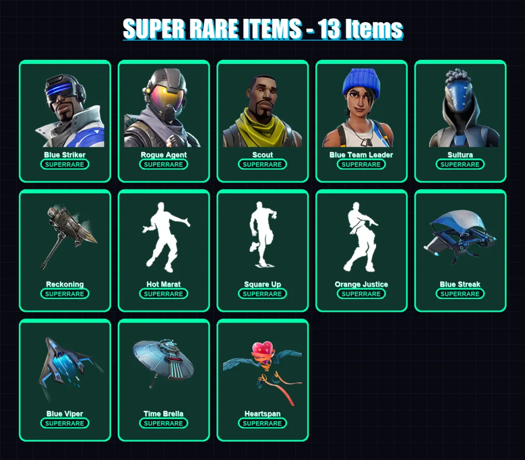 [PS4/PS5/XBOX/PC] | Blue Striker | Rogue Agent | Scout | Blue Team Leader | Sultura | 88 skin | 85 pickaxe | 95 emote | 88 glider | Lv1383