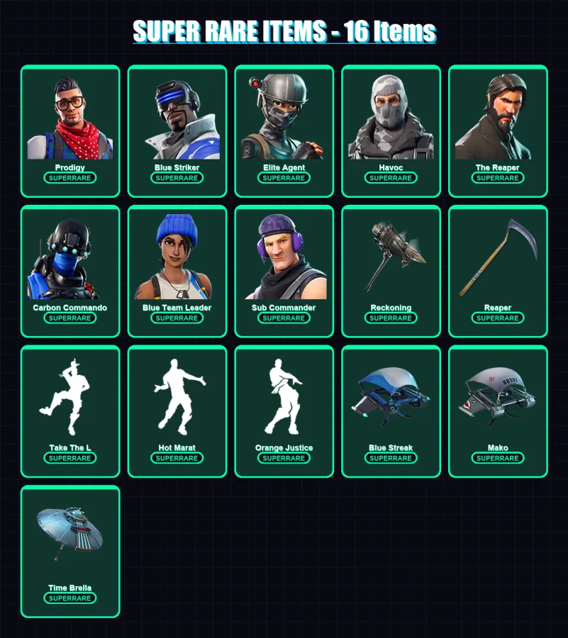 [PC/XBOX] | Prodigy | Blue Striker | Elite Agent | Havoc | The Reaper | 71 skin | 53 pickaxe | 63 emote | 66 glider | Lv859