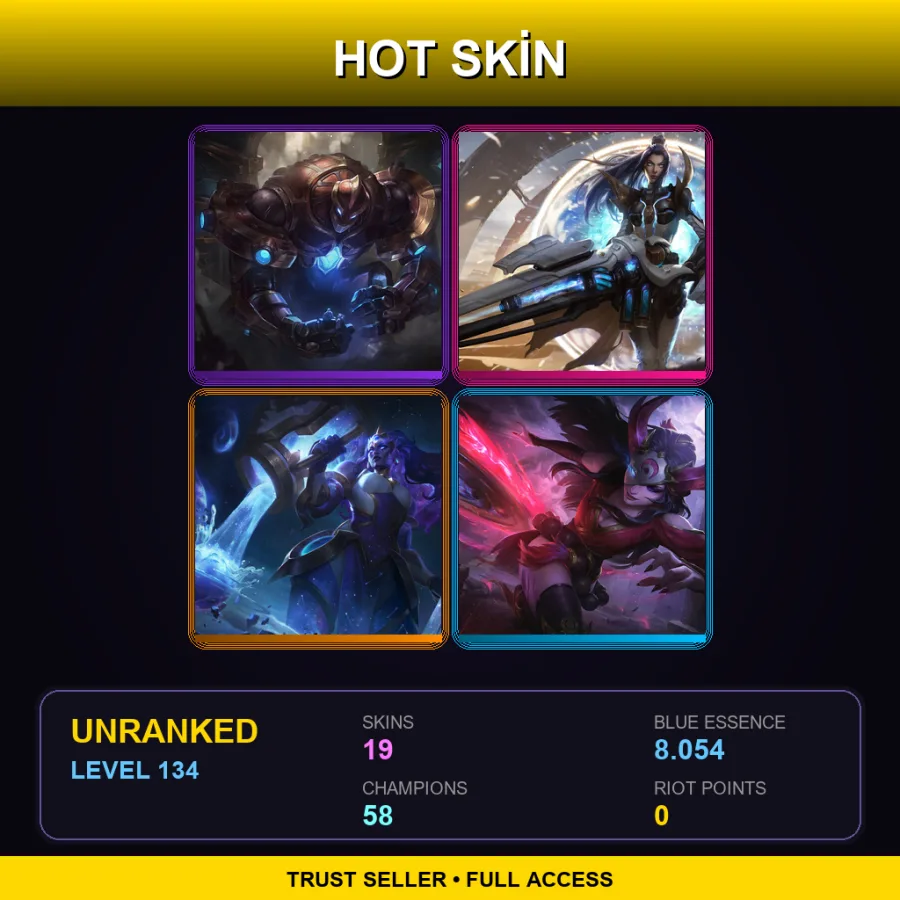 BR | Hextech Galio | Pulsefire Caitlyn | Cosmic Invoker Illaoi | Blood Moon Sivir | 19 Skin | 58 Champ | Lv134