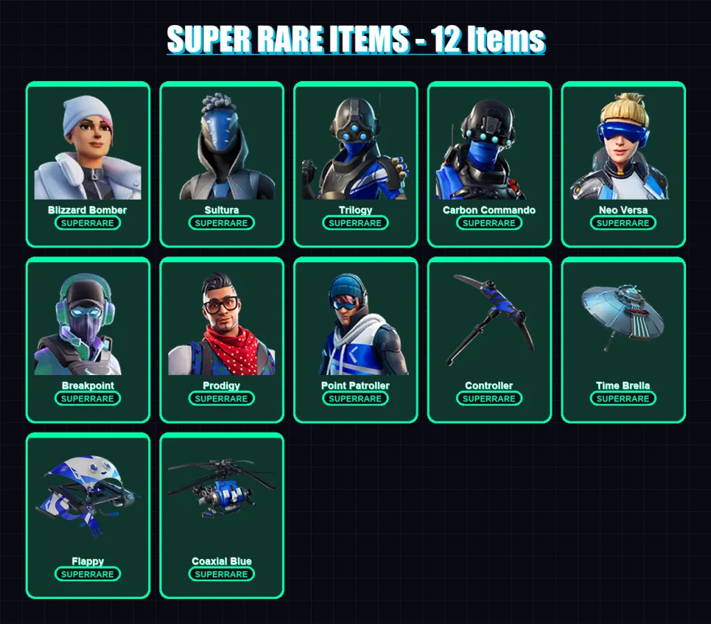 [PS4/PS5/XBOX/PC] | Blizzard Bomber | Sultura | Trilogy | Carbon Commando | Neo Versa | 65 skin | 61 pickaxe | 72 emote | 62 glider | Lv981