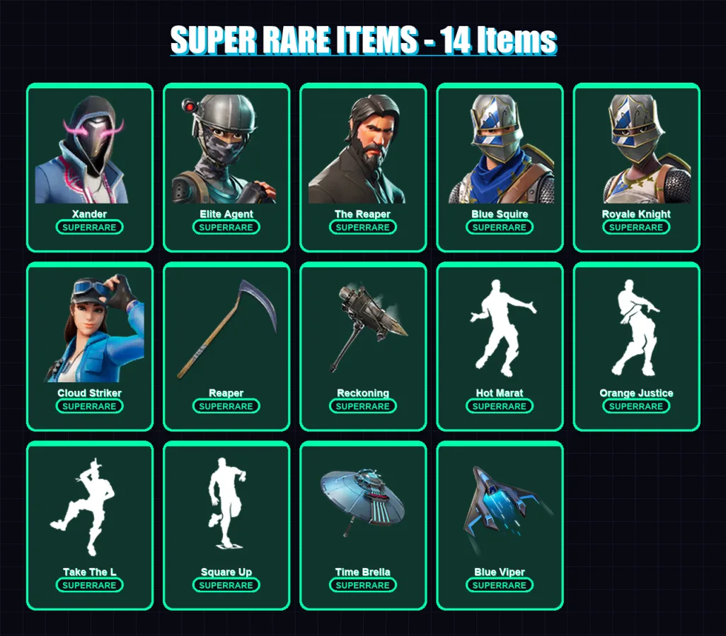 [PS4/PS5/XBOX/PC] | Xander | Elite Agent | The Reaper | Blue Squire | Royale Knight | 156 skin | 234 pickaxe | 170 emote | 191 glider | Lv3599