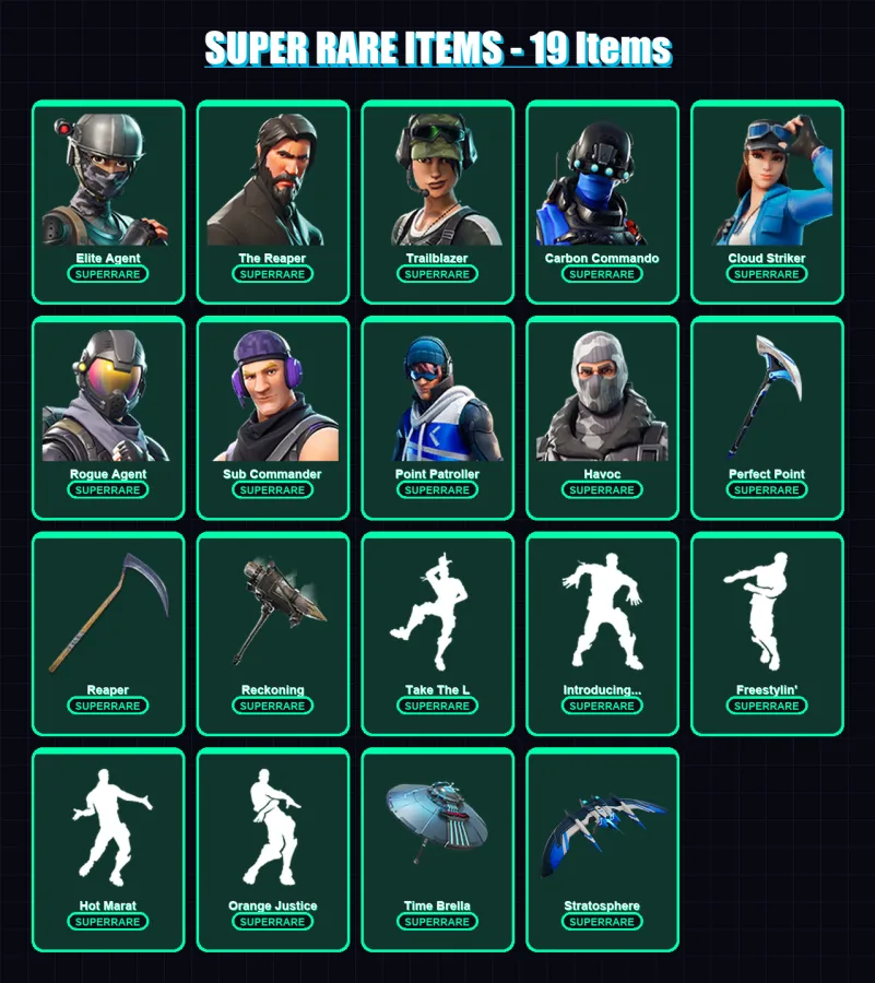 [PC/XBOX/PSN] | Elite Agent | The Reaper | Trailblazer | Carbon Commando | Cloud Striker | 172 skin | 165 pickaxe | 131 emote | 144 glider | Lv2060