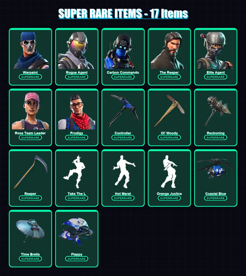 [SWITCH/XBOX/PC] | Warpaint | Rogue Agent | Carbon Commando | The Reaper | Elite Agent | 90 skin | 78 pickaxe | 101 emote | 76 glider | Lv1116
