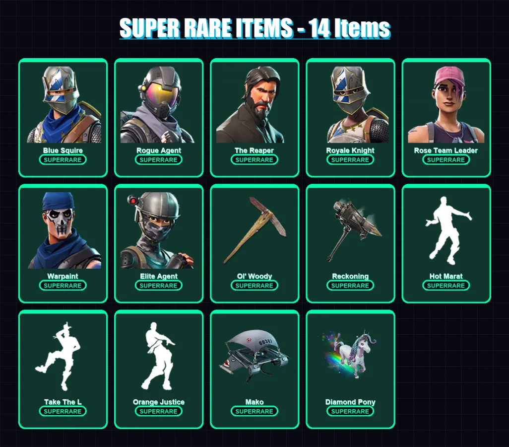 [PS4/PS5/XBOX/PC] | Blue Squire | Rogue Agent | The Reaper | Royale Knight | Rose Team Leader | 72 skin | 59 pickaxe | 56 emote | 54 glider | Lv621