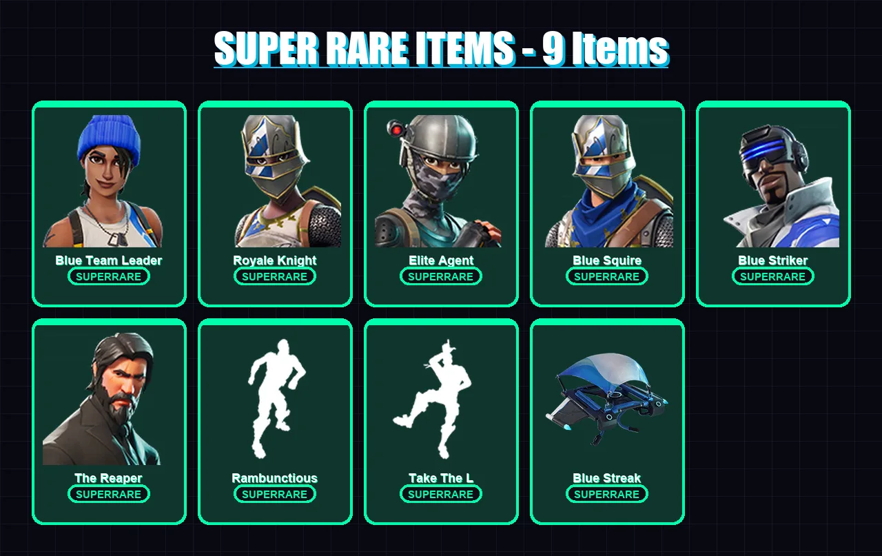 [PS4/PS5/XBOX/PC] | Blue Team Leader | Royale Knight | Elite Agent | Blue Squire | Blue Striker | 12 skin | 10 pickaxe | 19 emote | 15 glider | Lv22