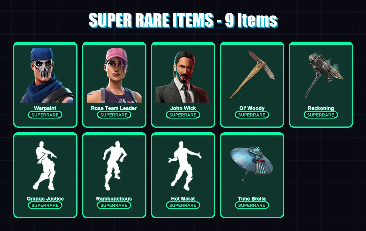 [PC] | Warpaint | Rose Team Leader | John Wick | Dire | Carbide | 55 skin | 49 pickaxe | 67 emote | 53 glider | Lv607