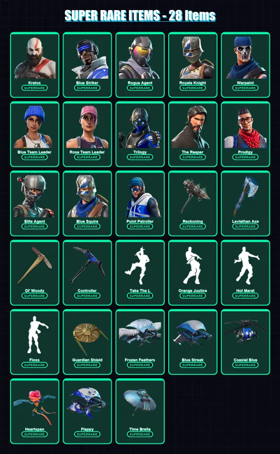 [PS4/PS5/PC] | Kratos | Blue Striker | Rogue Agent | Royale Knight | Warpaint | 179 skin | 177 pickaxe | 134 emote | 133 glider | Lv1287
