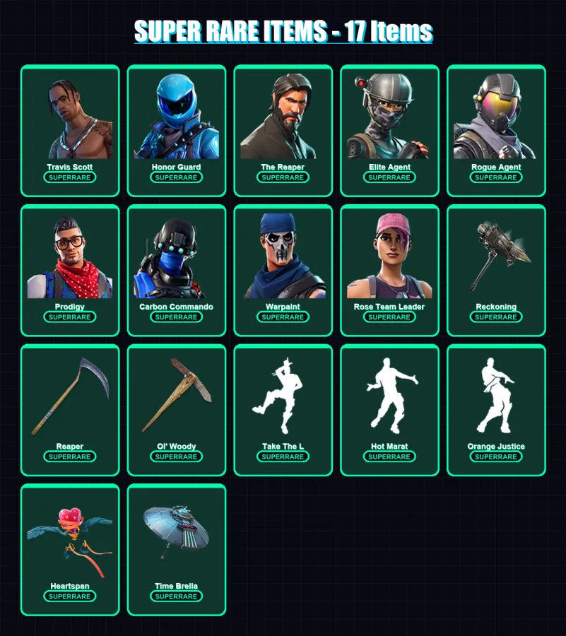 [PC/XBOX/PSN] | Travis Scott | Honor Guard | The Reaper | Elite Agent | Rogue Agent | 119 skin | 115 pickaxe | 115 emote | 107 glider | Lv1858
