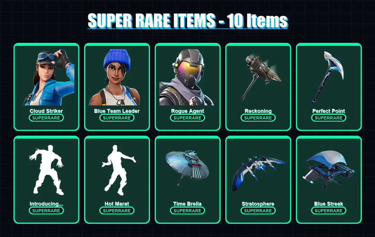 [PS4/PS5/XBOX/PC] | Cloud Striker | Blue Team Leader | Rogue Agent | Frozen Raven | Dire | 84 skin | 111 pickaxe | 102 emote | 111 glider | Lv1766