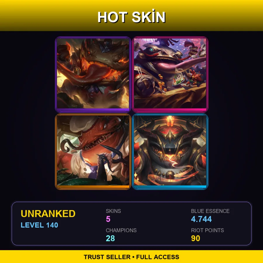LAS | High Noon Tahm Kench | Coin Emperor Tahm Kench | Master Chef Tahm Kench | Arcana Tahm Kench | 5 Skin | 28 Champ | Lv140