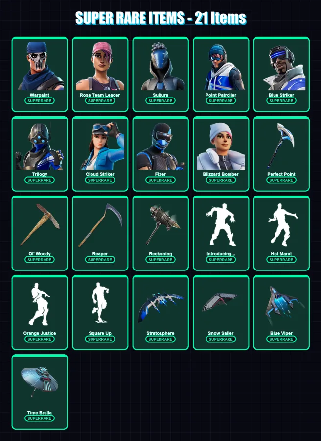[PS4/PS5/XBOX/PC] | Warpaint | Rose Team Leader | Sultura | Point Patroller | Blue Striker | 194 skin | 202 pickaxe | 181 emote | 191 glider | Lv276