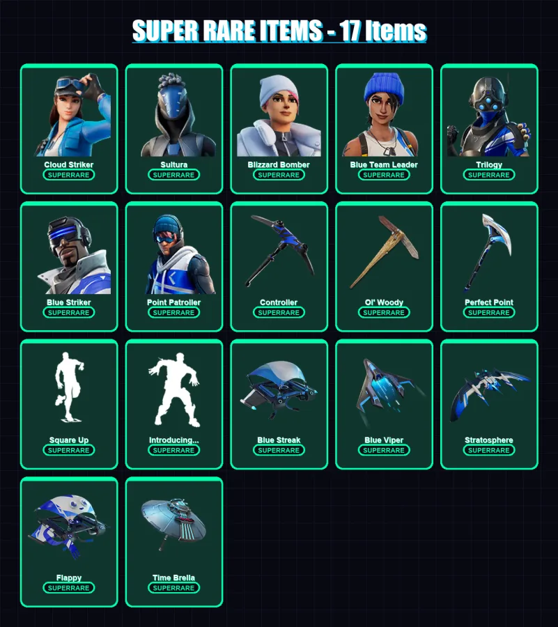 [PS4/PS5/XBOX/PC] | Cloud Striker | Sultura | Blizzard Bomber | Blue Team Leader | Trilogy | 128 skin | 195 pickaxe | 148 emote | 162 glider | Lv260
