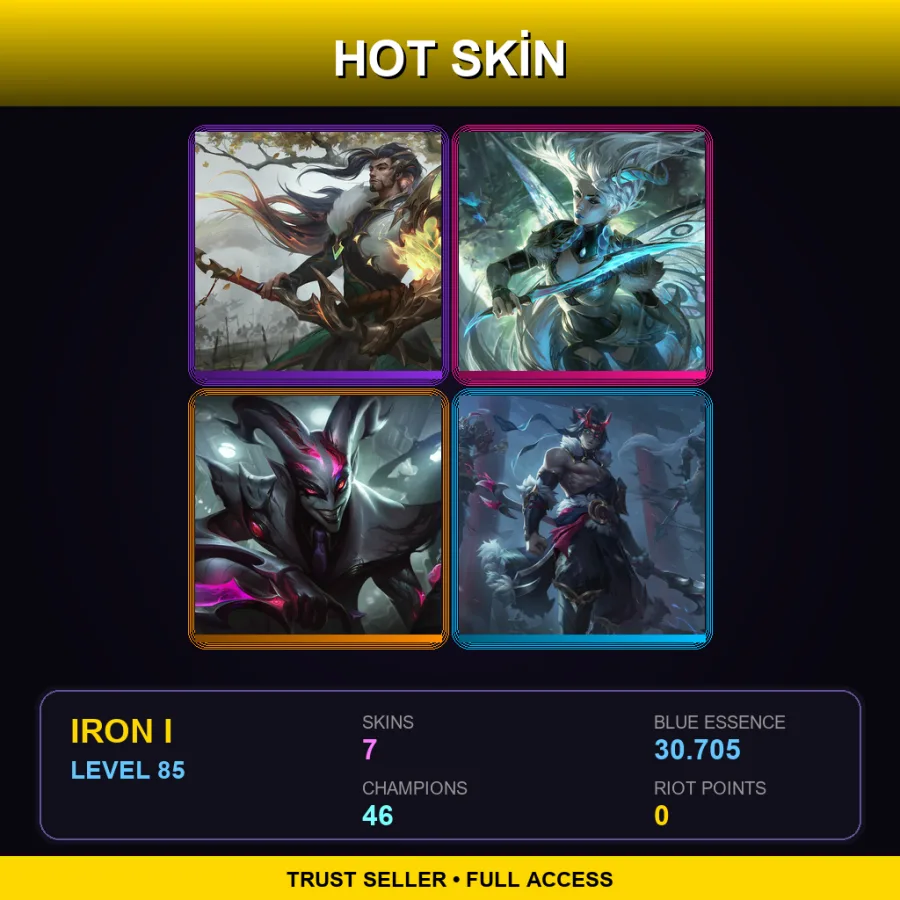 TR | Truth Dragon Yasuo | Faerie Court Katarina | Crime City Nightmare Shaco | Snow Moon Kayn | 7 Skin | 46 Champ | Iron I | Lv85