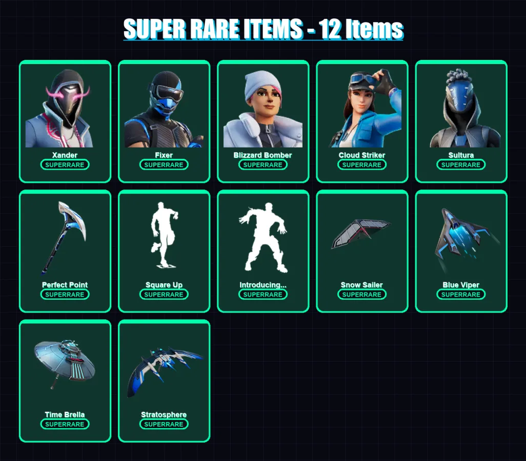 [PS4/PS5/XBOX/PC] | Xander | Fixer | Blizzard Bomber | Cloud Striker | Sultura | 36 skin | 62 pickaxe | 51 emote | 56 glider | Lv1015