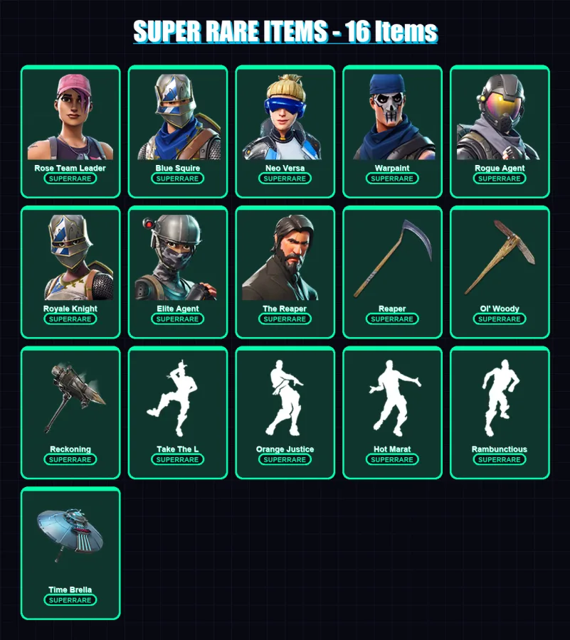 [PC/XBOX/PSN] | Rose Team Leader | Blue Squire | Neo Versa | Warpaint | Rogue Agent | 134 skin | 110 pickaxe | 108 emote | 114 glider | Lv1436