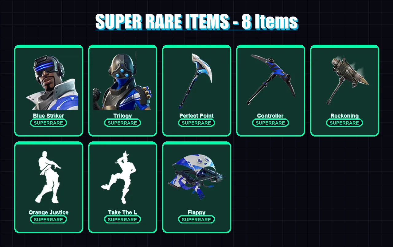 [PC/XBOX] | Blue Striker | Trilogy | Dire | Fade | Calamity | 65 skin | 49 pickaxe | 86 emote | 50 glider | Lv718