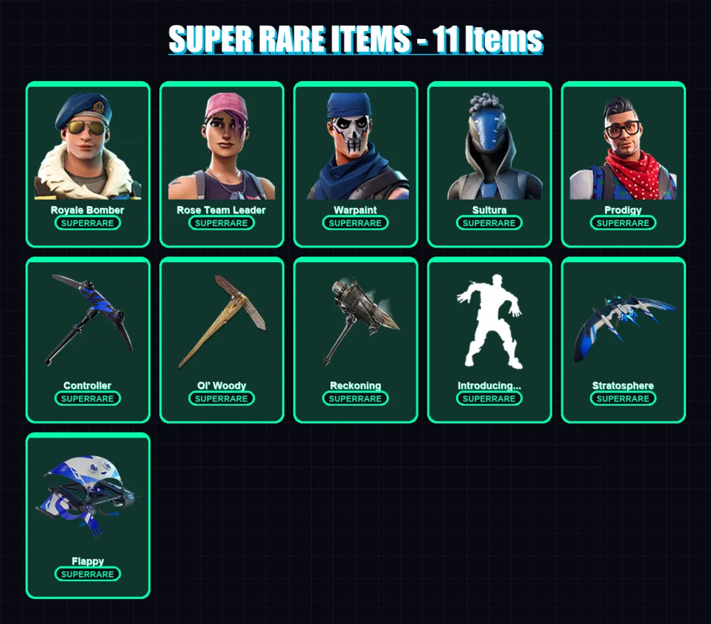 [PS4/PS5/XBOX/PC] | Royale Bomber | Rose Team Leader | Warpaint | Sultura | Prodigy | 63 skin | 68 pickaxe | 57 emote | 72 glider | Lv1031