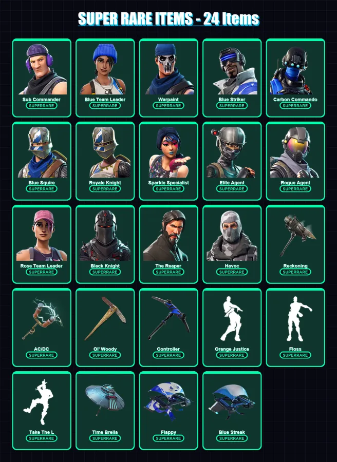 [PC/XBOX] | Sub Commander | Blue Team Leader | Warpaint | Blue Striker | Carbon Commando | 63 skin | 43 pickaxe | 48 emote | 52 glider | Lv621