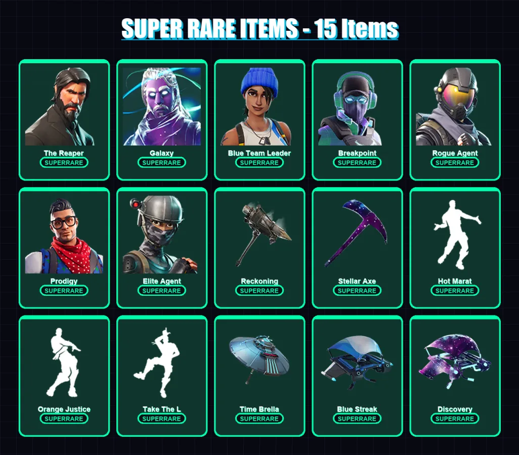 [PS4/PS5/XBOX/PC] | The Reaper | Galaxy | Blue Team Leader | Breakpoint | Rogue Agent | 102 skin | 58 pickaxe | 80 emote | 75 glider | Lv1335