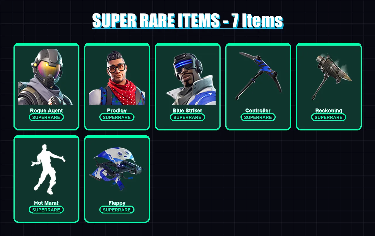 [PS4/PS5/XBOX/PC] | Rogue Agent | Prodigy | Blue Striker | Zenith | Calamity | 31 skin | 25 pickaxe | 30 emote | 36 glider | Lv441