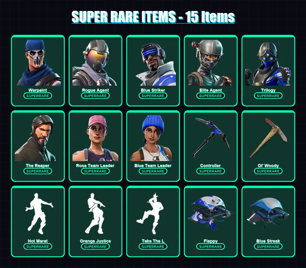 [PC/XBOX] | Warpaint | Rogue Agent | Blue Striker | Elite Agent | Trilogy | 56 skin | 54 pickaxe | 59 emote | 53 glider | Lv760