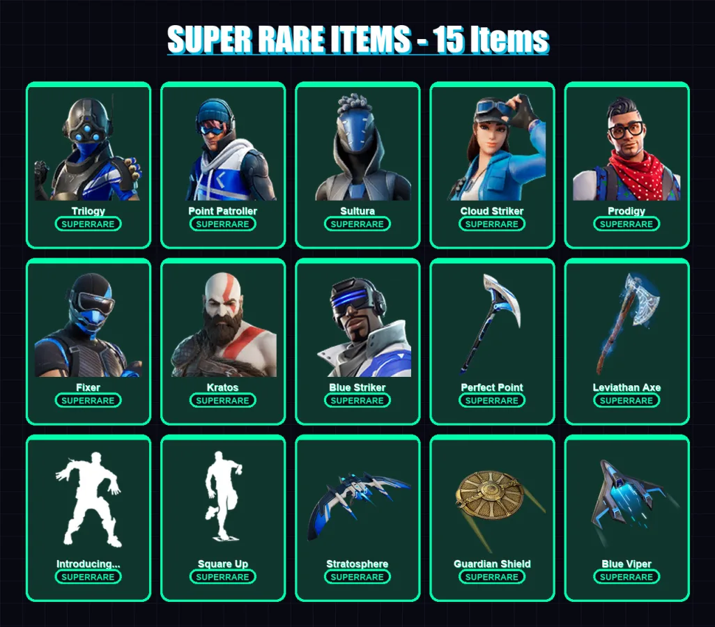 [PC] | Trilogy | Point Patroller | Sultura | Cloud Striker | Prodigy | 70 skin | 107 pickaxe | 50 emote | 85 glider | Lv1033