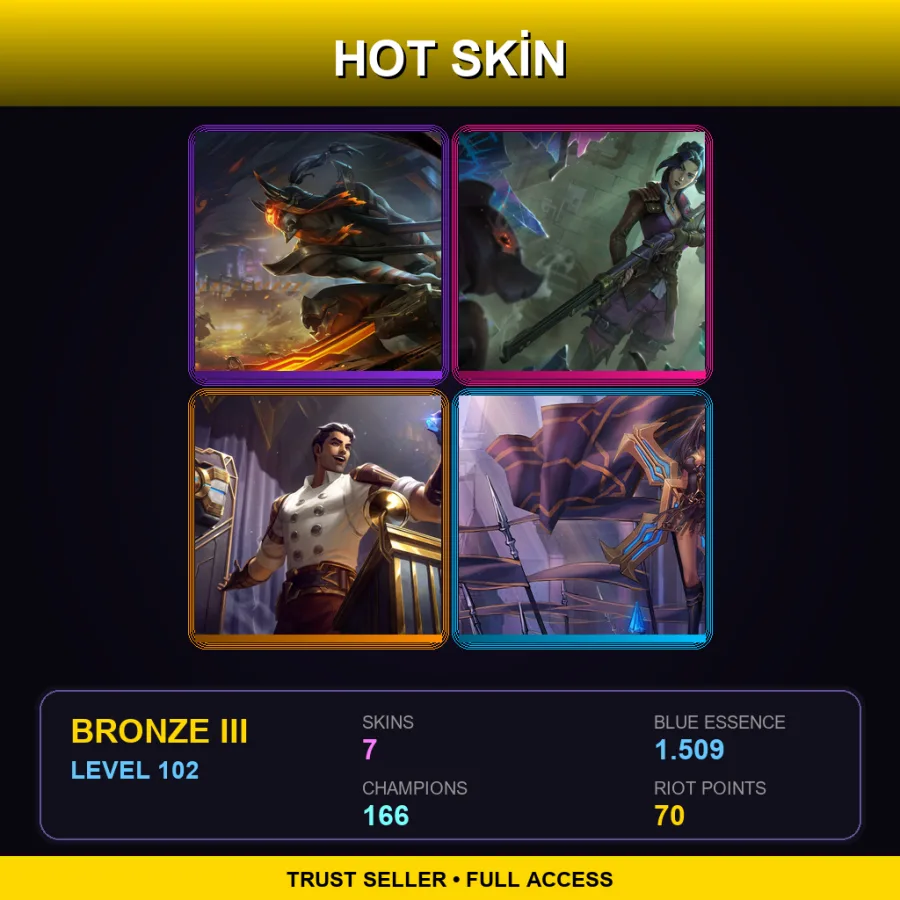 EUW | Inkshadow Master Yi | Arcane Enforcer Caitlyn | Arcane Inventor Jayce | Warrior Princess Sivir | 7 Skin | 166 Champ | Bronze III | Lv102